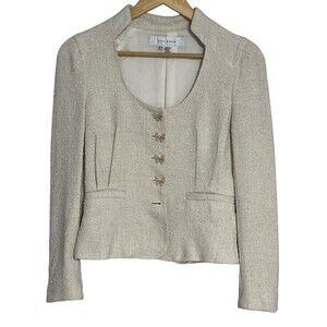 Zara Women Ivory Tweed Scoop Neck Blazer with Butterfly Pearl Buttons Size 6